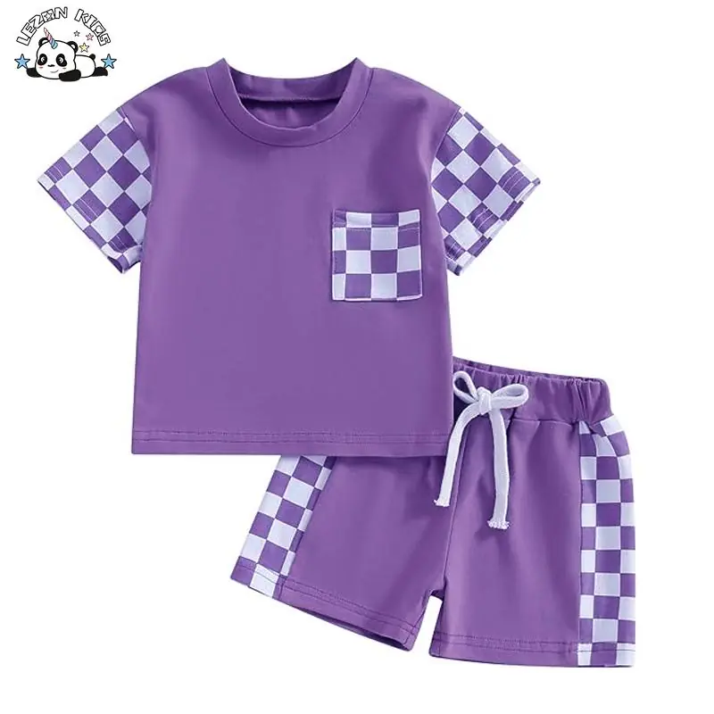 High Quality Trendy 2 Piece Plaid Sleeves T Shirt Suit Energetic Summer Set Kids Clothing Set