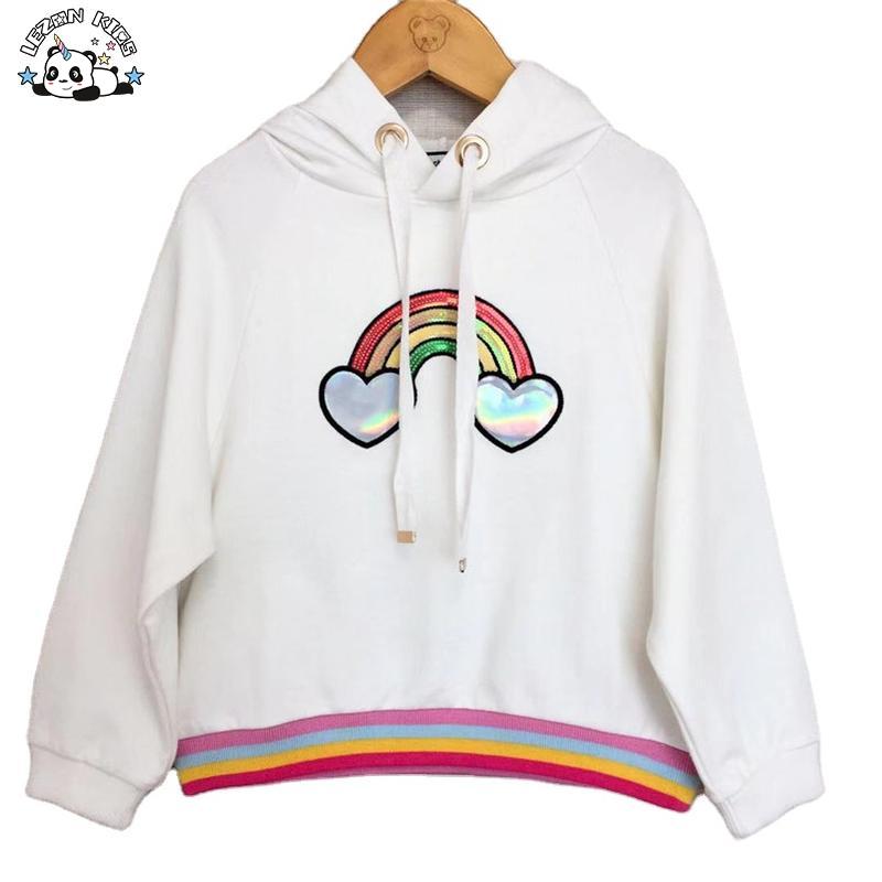 Customizable Girls Sequin Embroidered Rainbow Pullover Fleece White Hoodie