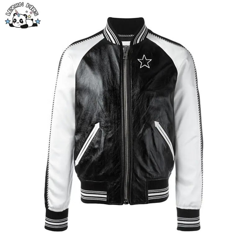 Customizable Soft Satin Faux Leather Bomber Coats Black White 2 Tone Color Boys Jacket