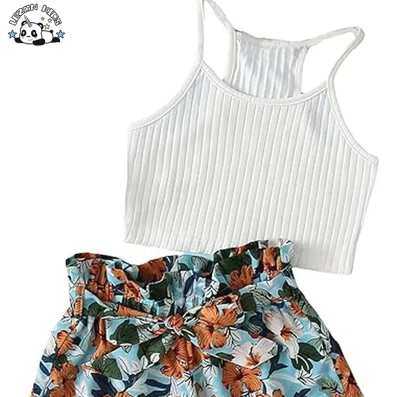 Customizable 2 Piece Floral Sleeveless Crop Cami Top and Belted Shorts Girls Clothing Set