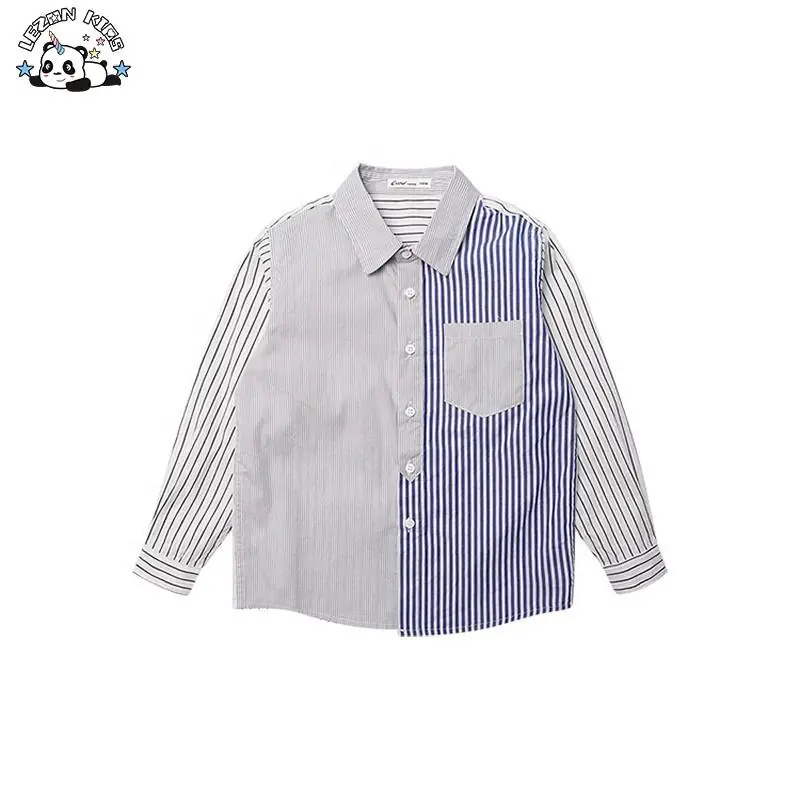 Customizable Boys’ Casual Striped Cotton Shirt Polo Collar Summer Knitted Fabric Button Kids Long Sleeved