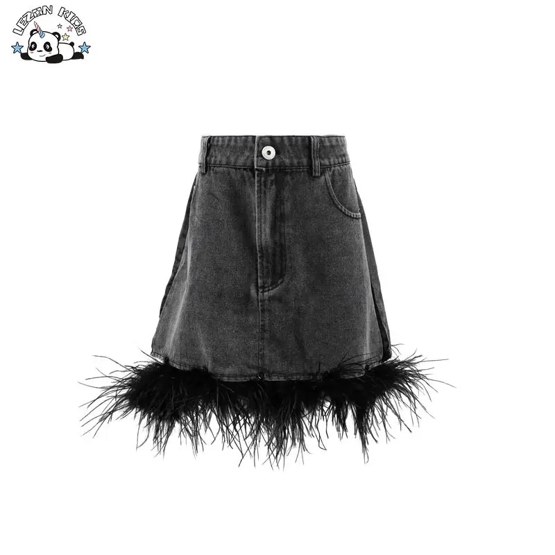 Customized Children’s Clothing Girls’ High Quality Denim Skirt Detachable Feather Denim Skirt