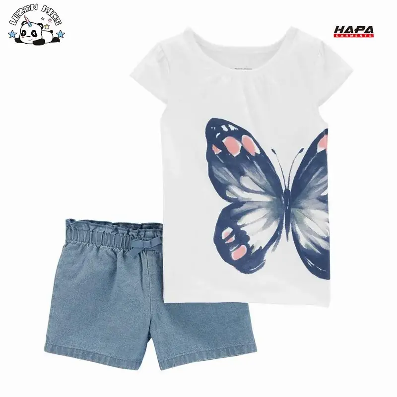 Customizable Wholesale OEM Soft Butterfly  Printed T Shirt Denim Short Pants Girls Summer Daily Set