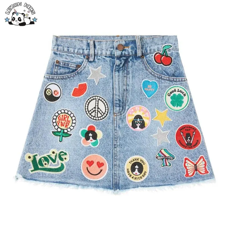 Empire Waist Short Denim Jean Skirts Women High Breathable Casual Sport Embroidery Patches Belt Print Bow Sets