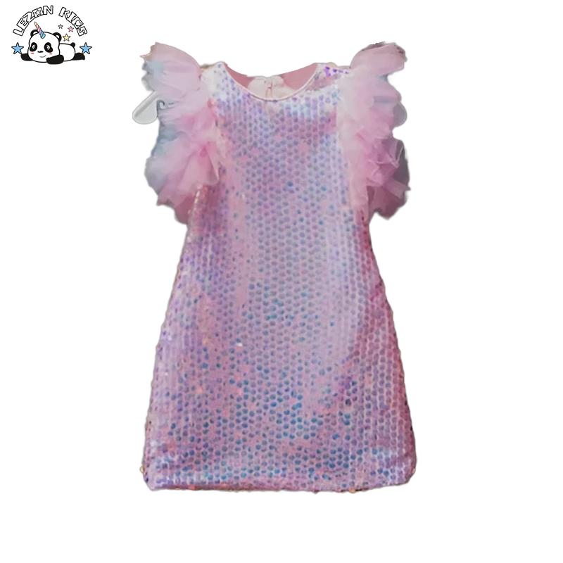 Pink Sequined Net Yarn Flying Sleeve Dress