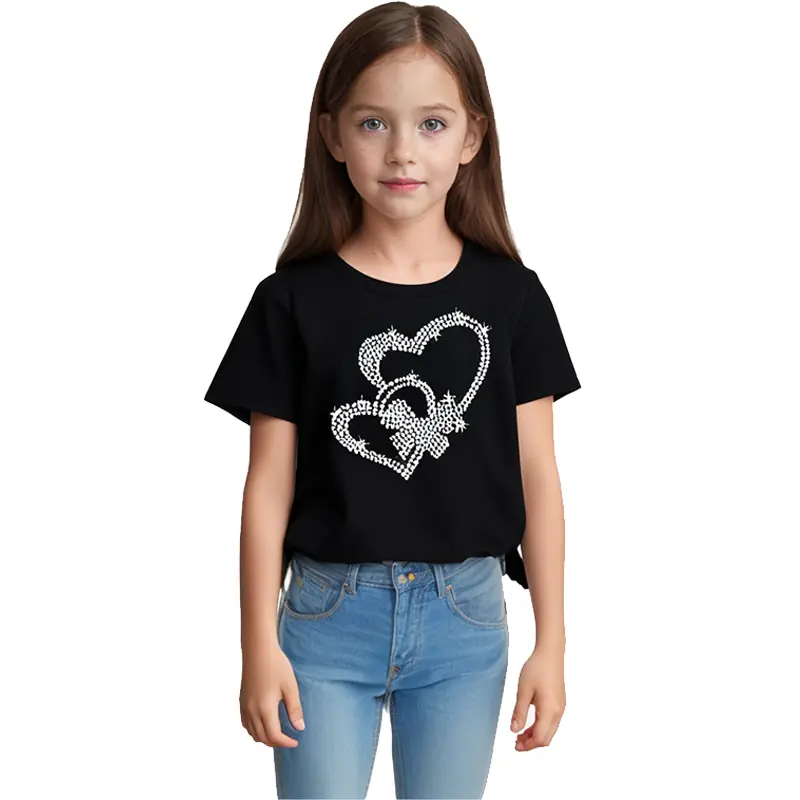 Custom Girls’ Rhinestone Heart Print T-Shirt