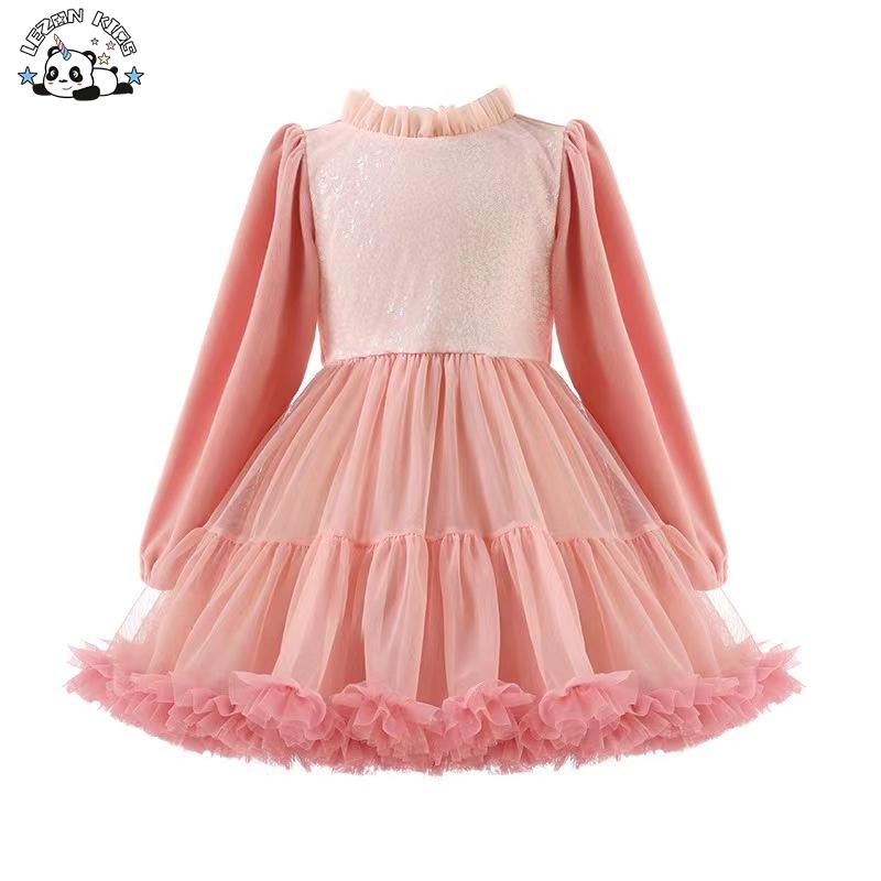 Elegant Washable Pink Dress Long Sleeve Tulle Dress for Girls