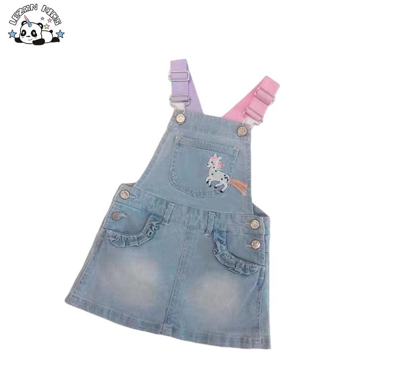 Customized Logo Ruffles Unicorn Embroidered Rainbow Kids Denim Strap Dress for Girl