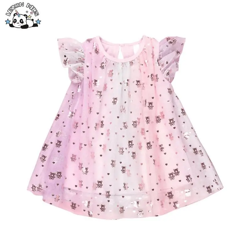 Customizable Fashion Style Silver Foiled Printing Ruffle Sleeves Princess Dress Children Dress for Summer