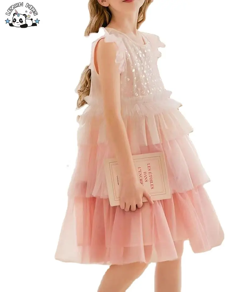 New Customization Flying Sleeve Sequin Tutu Cake Lace Skirt Princess Dress for Girls
