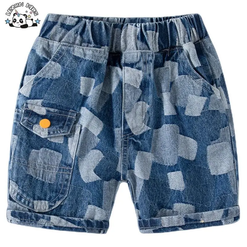 Customizable New American Style Plaid Ombre Acid Washed Color Block Boys Denim Summer Shorts