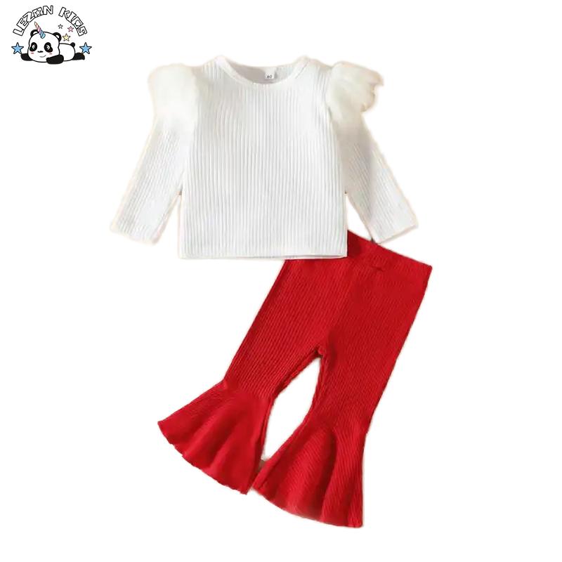 New Children’s Clothes Girls’ Suit Pit Strip Cotton Long-Sleeved Top Flare Pants Two-Piece Set