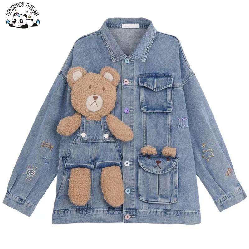 Temperament Trendy Kids Clothes Customized Girls Jacket Bear Patchwork Denim Jean Jacket
