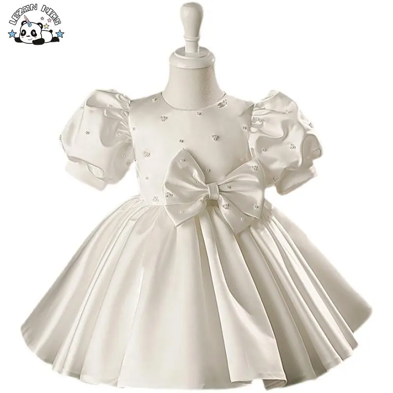 White Kids Satin Wedding Dress Ruffled Sleeves Beaded Cute Style