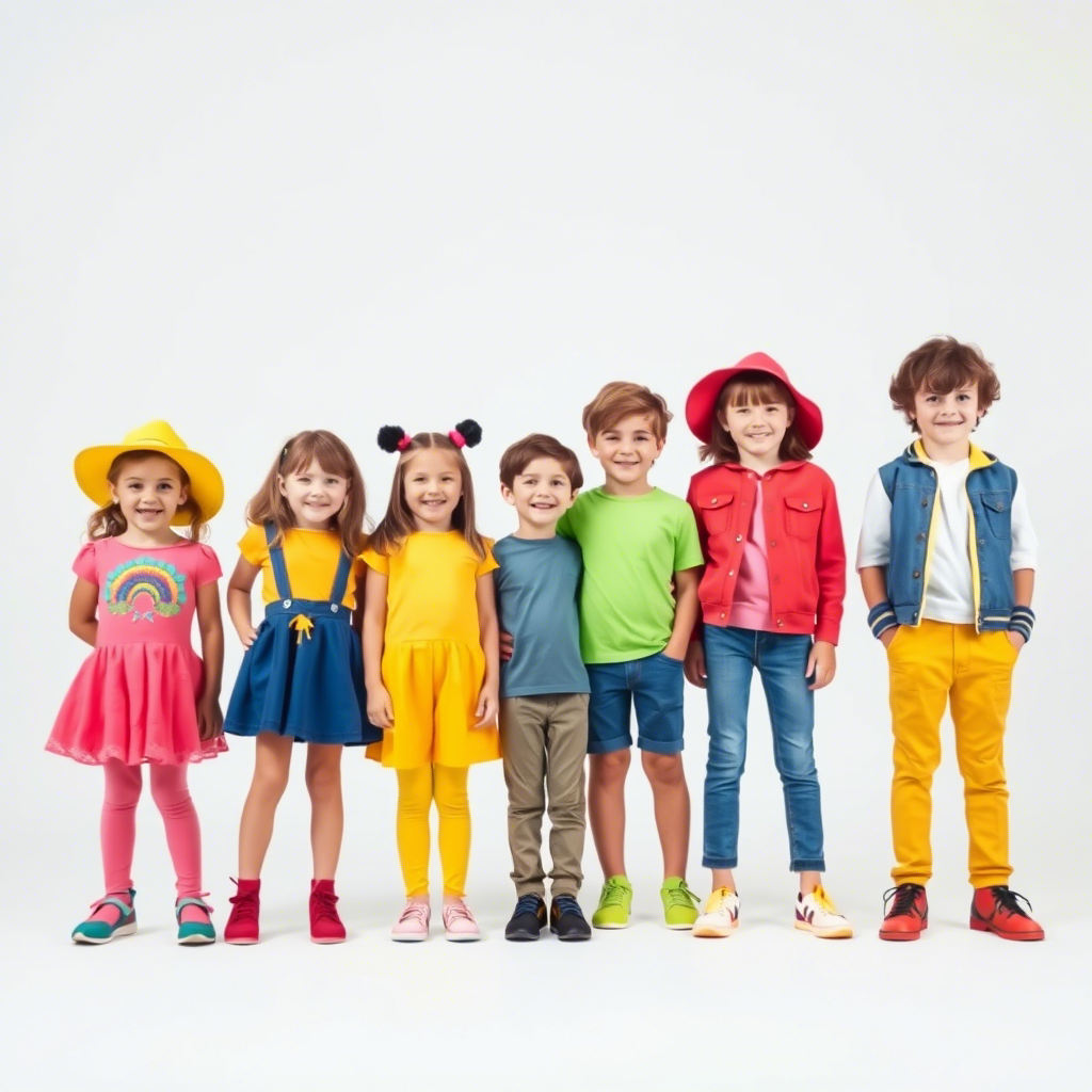 Kids' colorful outfits mixed and matched on a white background