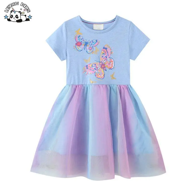 Color Customization Girls Short Sleeves Dress Unicorn Birthday Rainbow Girl Tulle Dress