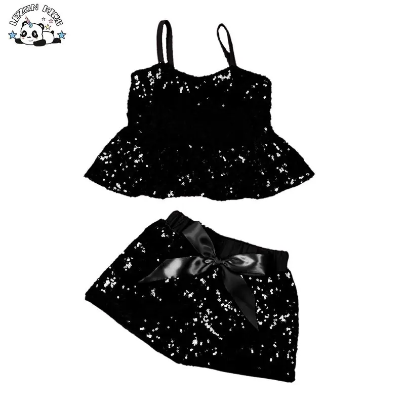 Custom Logo Summer Girls Casual Cotton Suspender Vest Sequins Top Shorts Suit