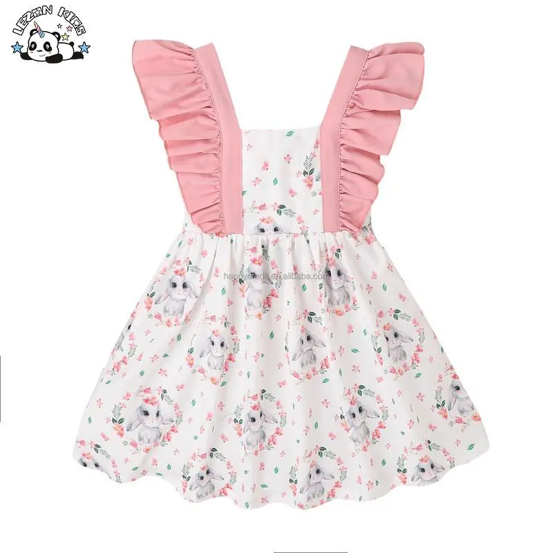 Customizable High Quality Girls Easter Cute Rabbit Print Spliced Flying Sleeve Princess Girls Dress