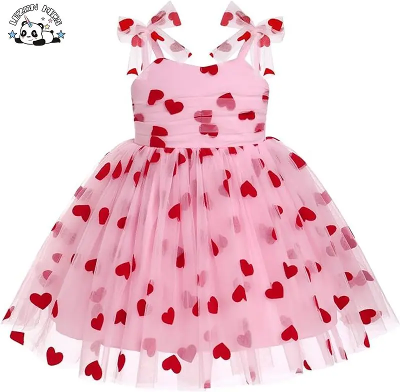 Customization Cute Red Heart Printing Latest Design Spaghetti Strap Princess Dress for Girl