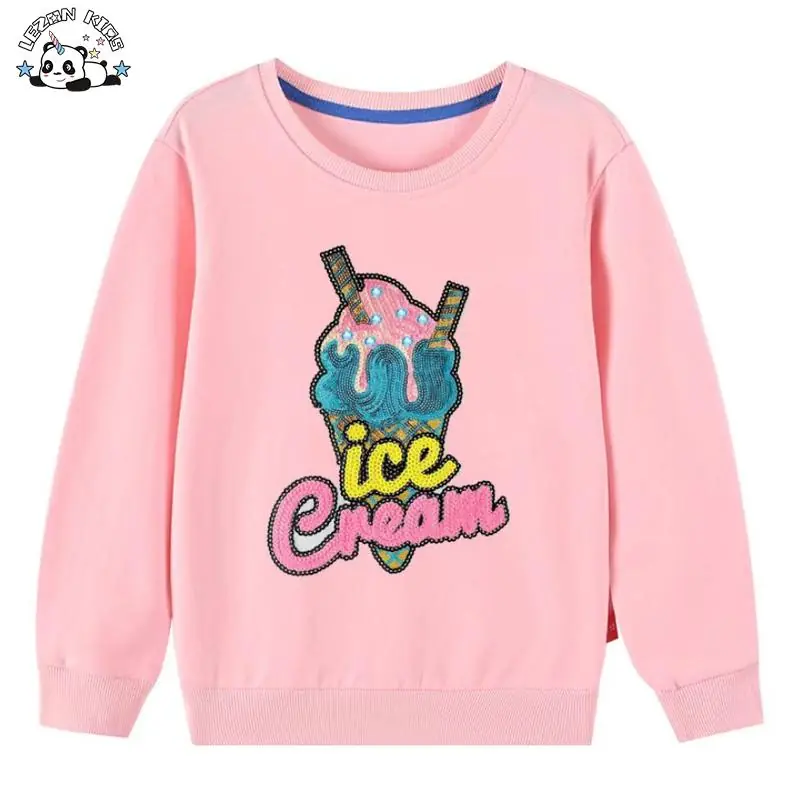 Custom Kids Girl Spring Autumn Sequined Ice-cream Crystal Baby Hoodies & Sweatshirts