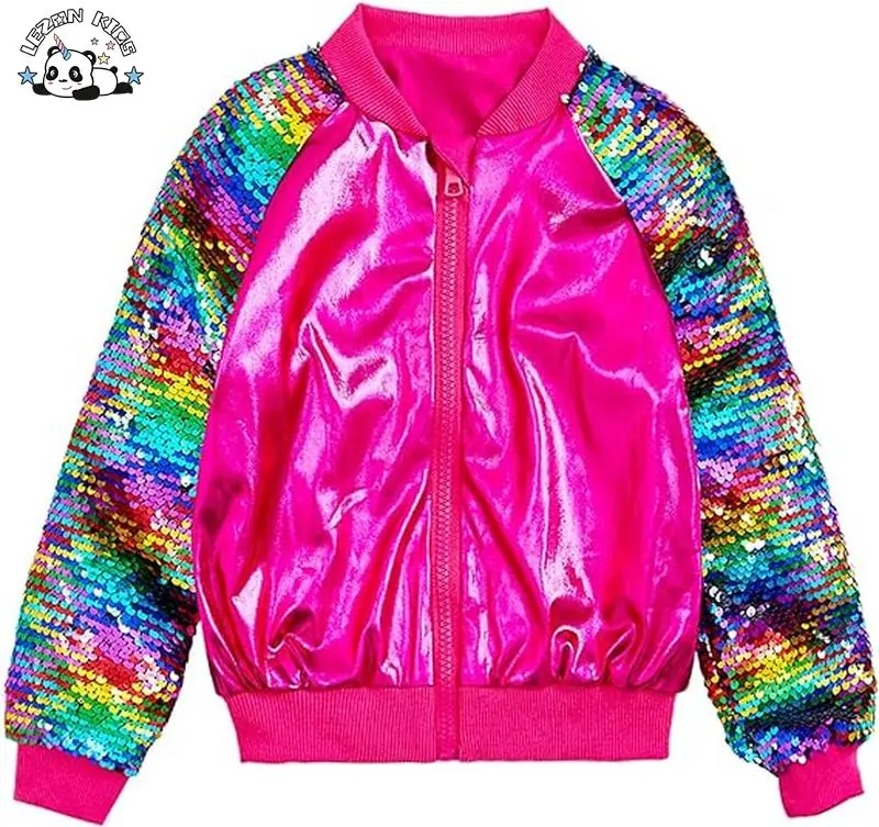 Customized Logo Girls Flip Sequin Rainbow Jackets Kids Sparkle Outwear Glitter Sleeve Shiny Metallic Coat for Girl
