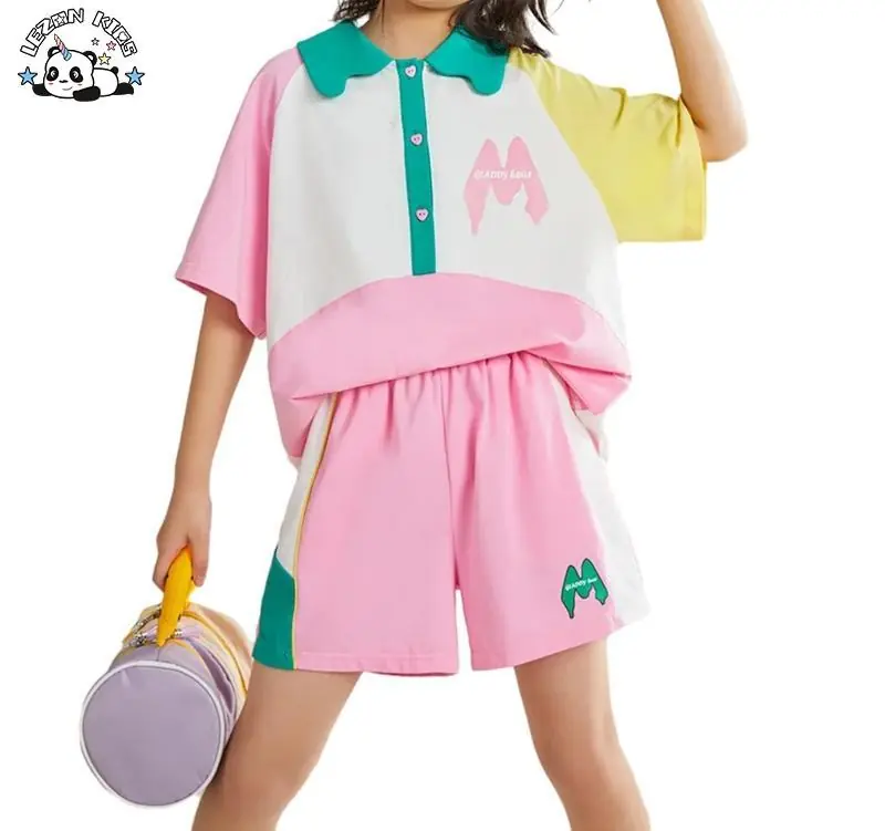 Customizable Summer Fashionable Girls’ Short Sleeve T-shirt Set Casual Shorts Children’s Sports Two Piece Set
