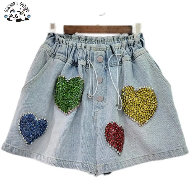 Customizable New Exquisite Heart Crystal Beaded High Waist Kids Denim Shorts for Girls in Summer
