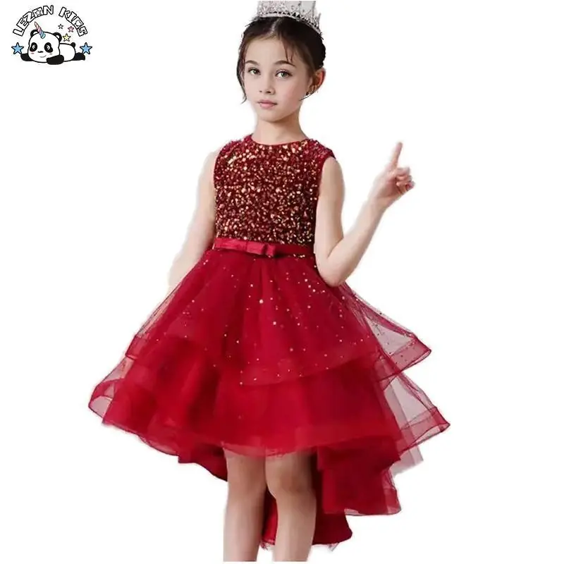 Angel Dress Girls Wedding Dress Elegant Photos Long Sleeves Bow for Children 2-14 Year Old Girl