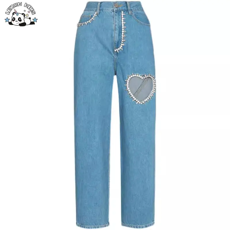 New Style Rhinestones Hollowed-out love Decorated Jeans