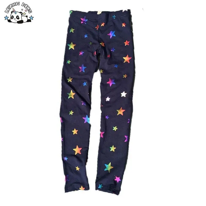 Customizable Foil Printed Rainbow Stars Navy Blue Girls Leggings