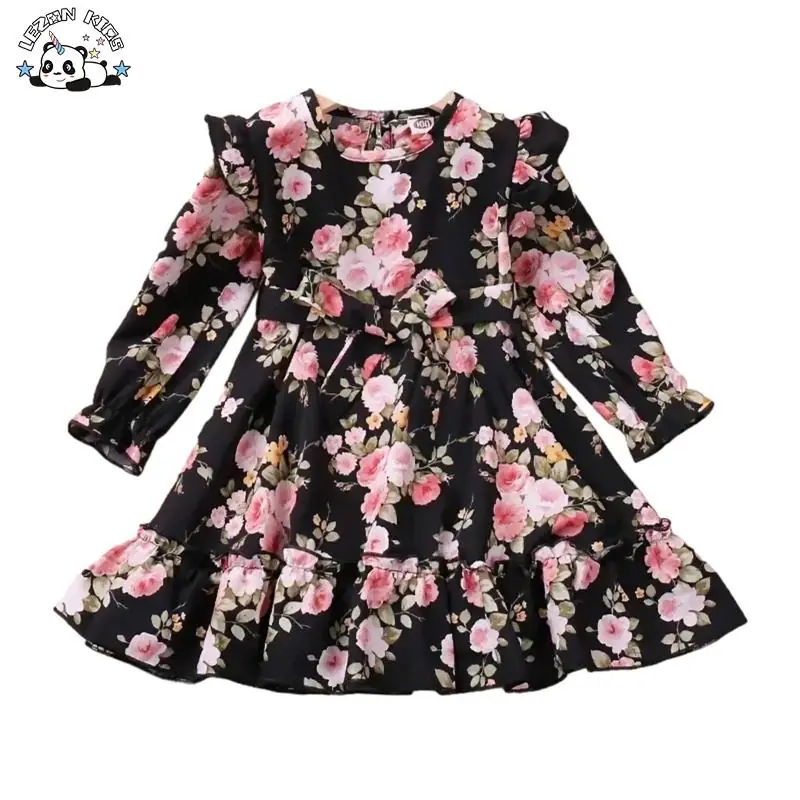 Wholesale Girls Long Ruffle Sleeve Flower Polyester Girls Dress Spring Fall Winter Wear Dresses for Kids Girls