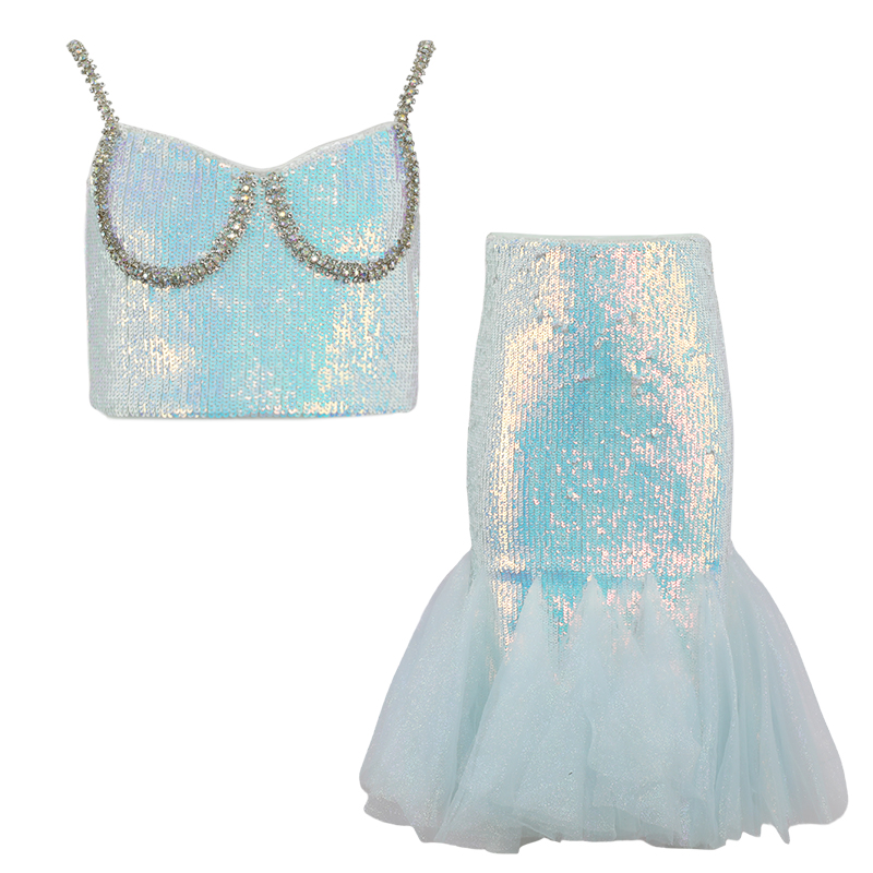 Dreamy Diamond-Embellished Sequin Mermaid Skirt Set