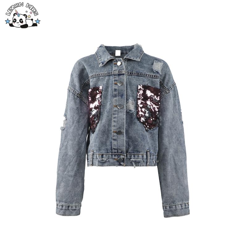 Girls Clothing Denim Jacket Sequined Packet Customized Children’s Clothes Baby Girl Denim Coat Jacket