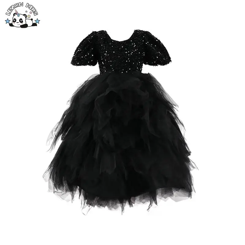 High-end Kid Girls Dress Princess Mesh Trailing Dress Black Sequin Evening Dress for Piano Performance