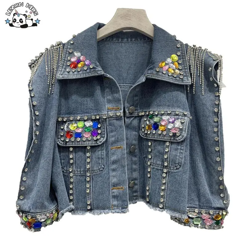 Customizable Fashion Street Wear Denim Beaded Crystal Gems Kids Jacket