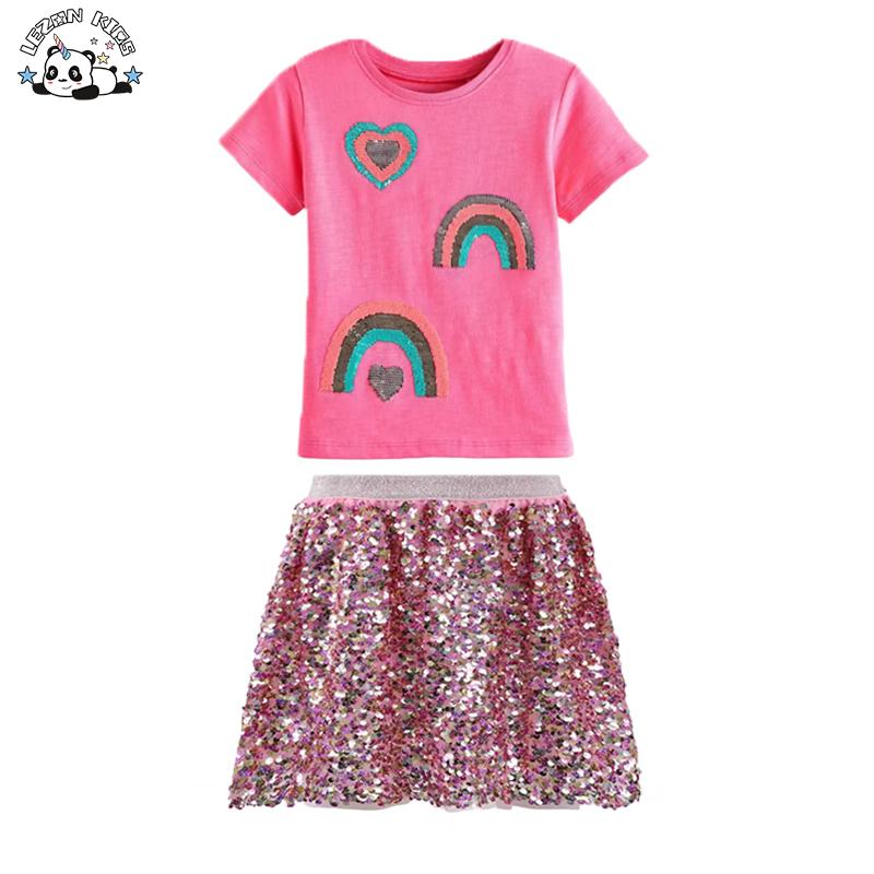 Stylish Girls Custom 2-Piece Summer Clothing Set Sequin Skirt with Sequins Embroidered T-Shirts