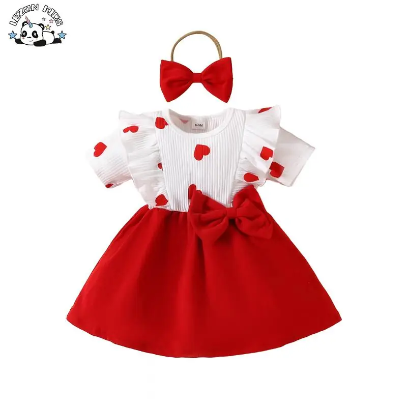 Wholesale Customizable Big Red Bow and Red Printed Hearts Fashion Children Frock