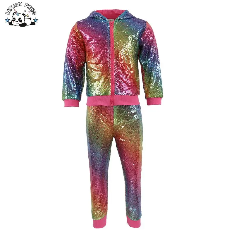 Customized Kids Clothing Girls Sequined Bomber Sport Dancing Set