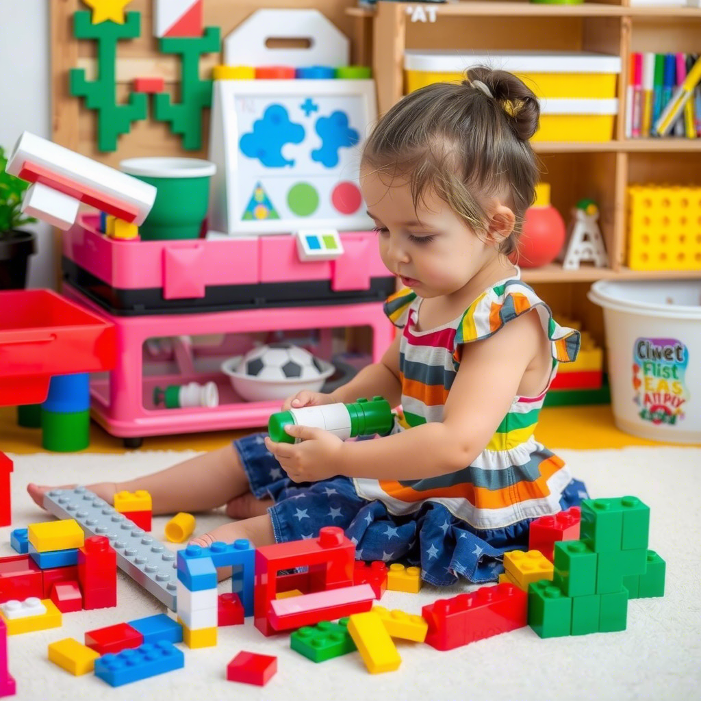 1. A young girl in a colorful dress playing with building blocks, surrounded by toys and art supplies.