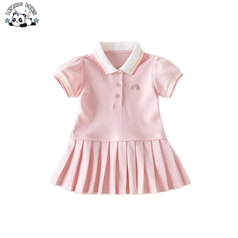 Wholesale Summer Short Sleeve Girls’ Dress Pleated Skirt Solid Color Cotton  Toddler Baby Polo Dress