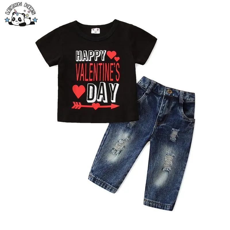 Customizable New Design Valentine’s Day Printed Black Short Sleeved Top Denim Pants