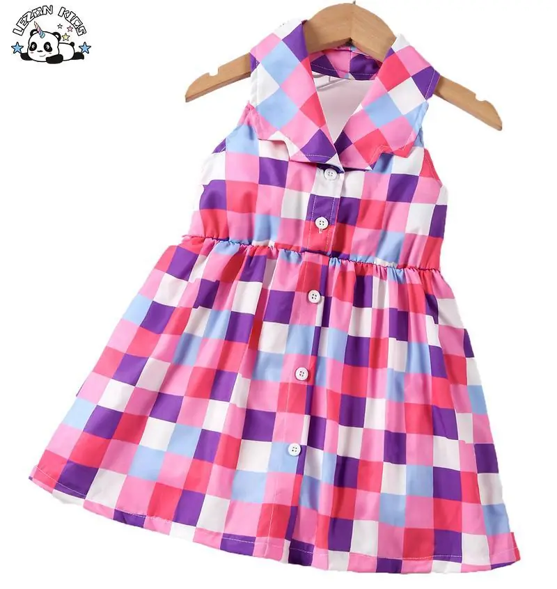 Customizable New Summer Girls Fashion Plaid Cotton Fabric Splicing Halter Lapel Girls Dress