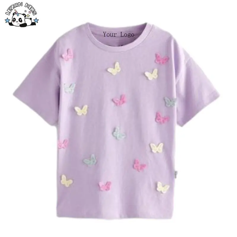 Customizable Lavender 3D Butterfly Patch Cotton Printed Kids Girls T Shirt