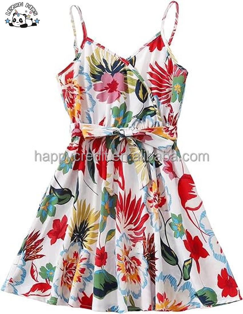 Customizable Hot Sale Cute Striped Strap Button Front Belted Summer Floral Red Dress for Girls