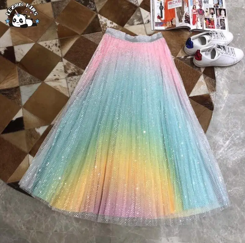Customizable Girls Satin Rainbow Maxi Pleated Sequin Skirt
