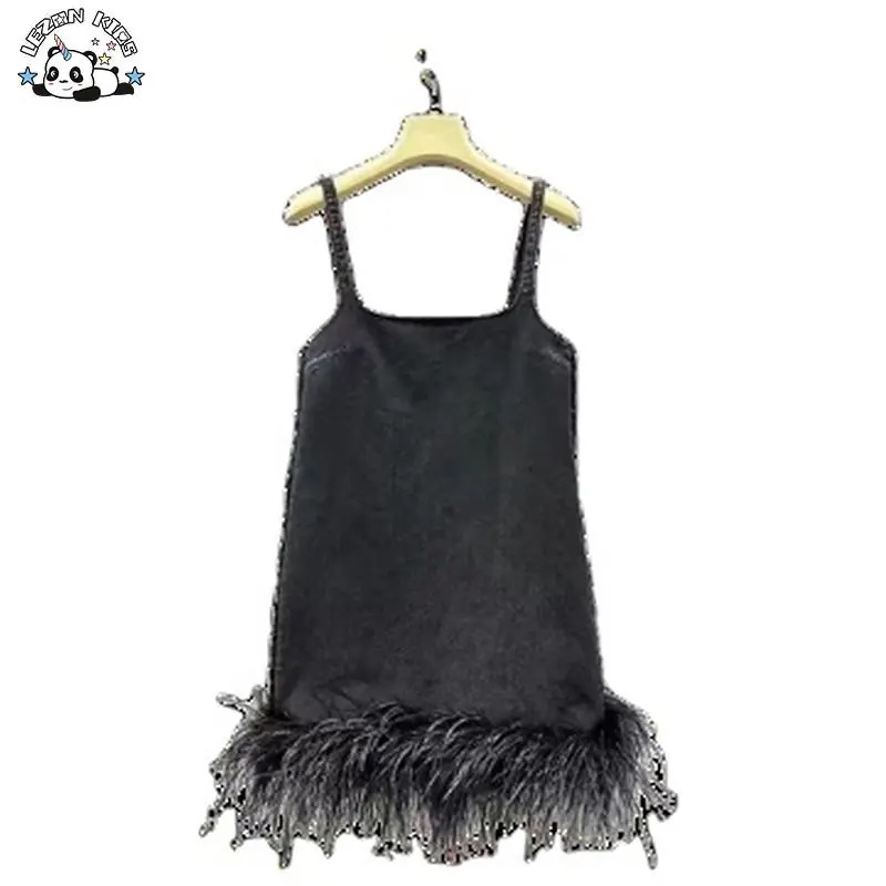Customizable Factory Direct Price Cool Black Feather Spaghetti Strap Dress