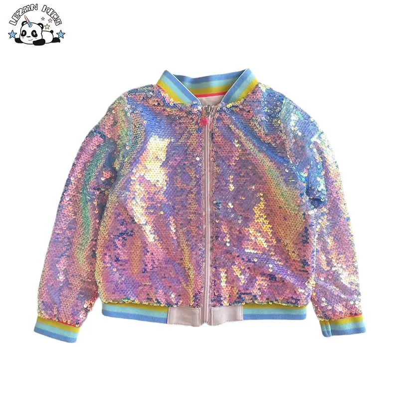 Customized Children Gradient Sequin Jacket Zipper Design Ribbed Cuffs Girls Jacket